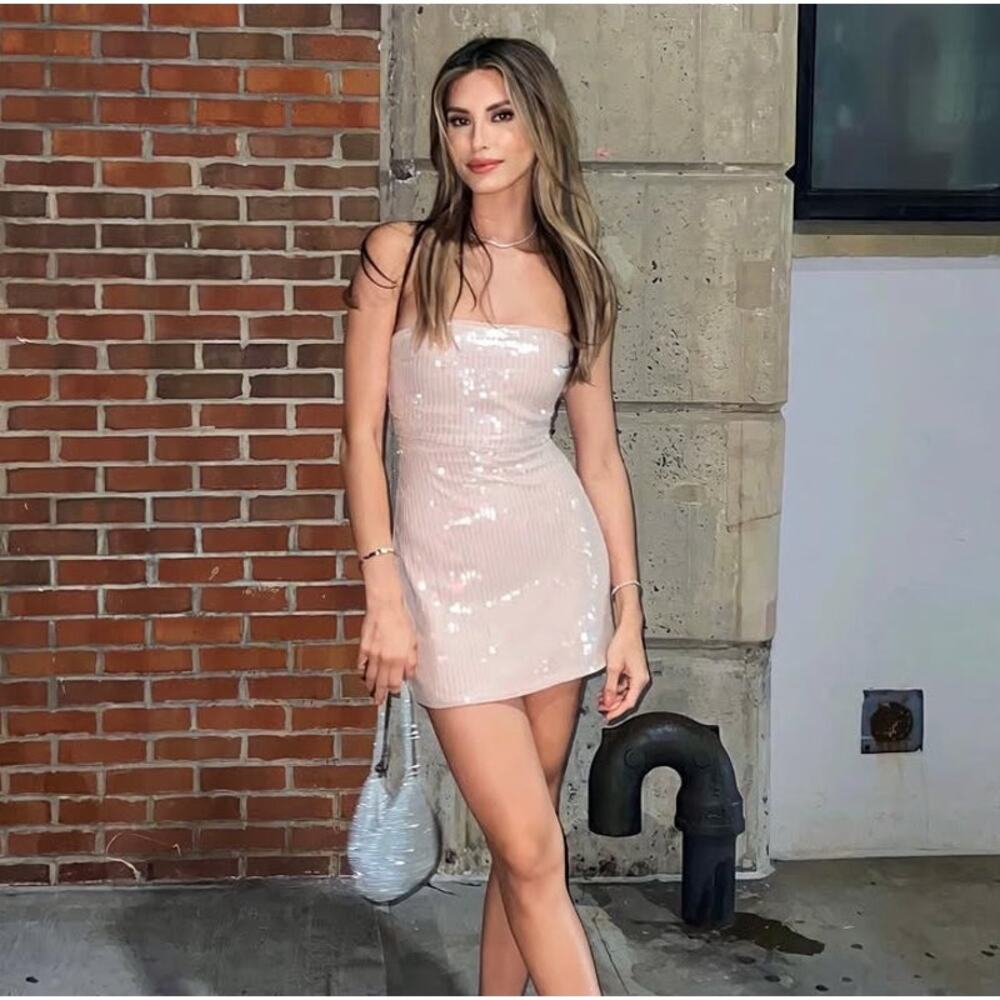 ZARA Strapless Sequin Mini Dress NWT Pink Size L - Picture 14 of 16